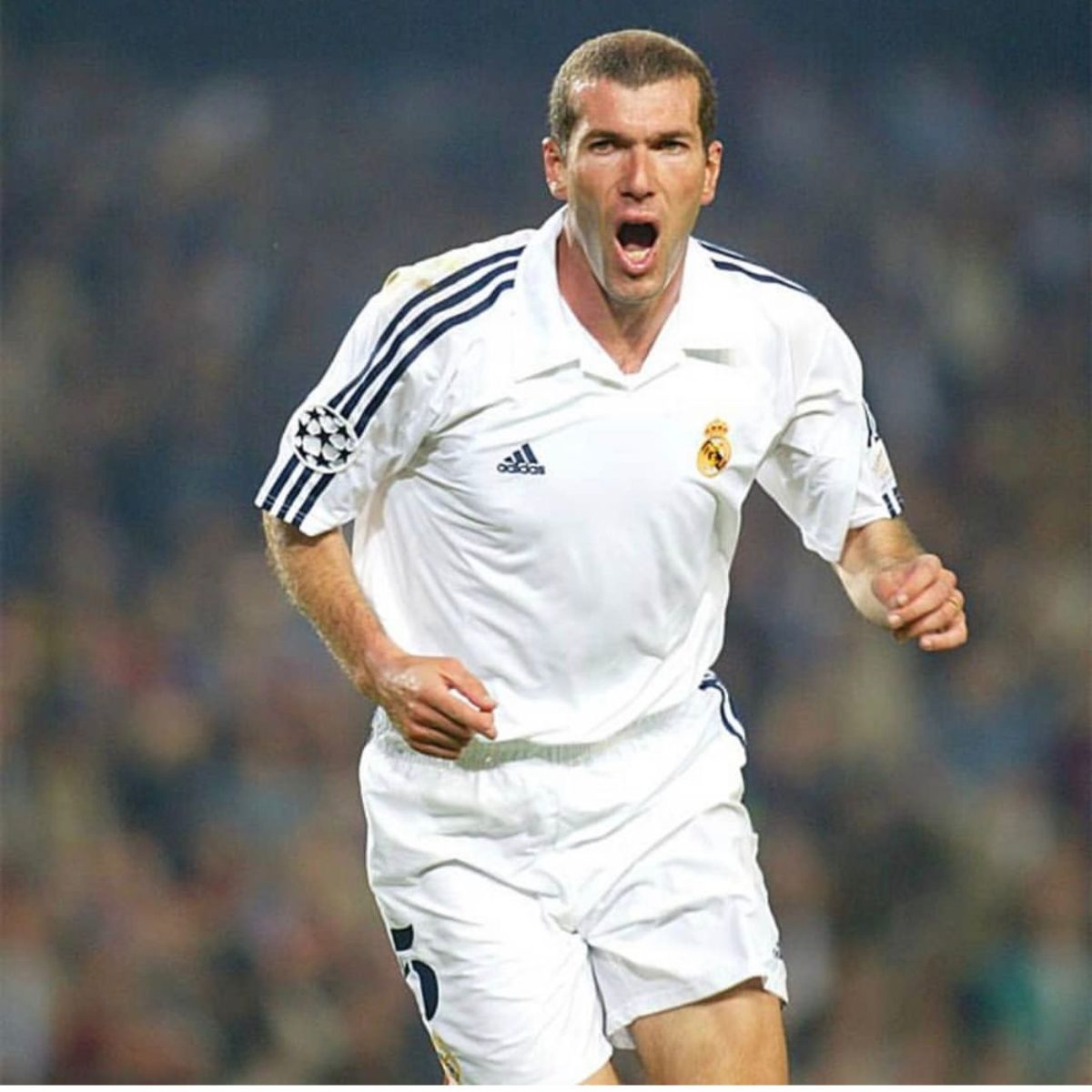Soccer player in a white Real Madrid jersey celebrates on the field, mouth open in a yell, during a match.