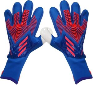 Blue goalkeeper gloves with pink accents, palms pressed together in a clapping pose