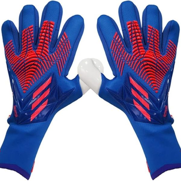 Blue goalkeeper gloves with pink accents, palms pressed together in a clapping pose