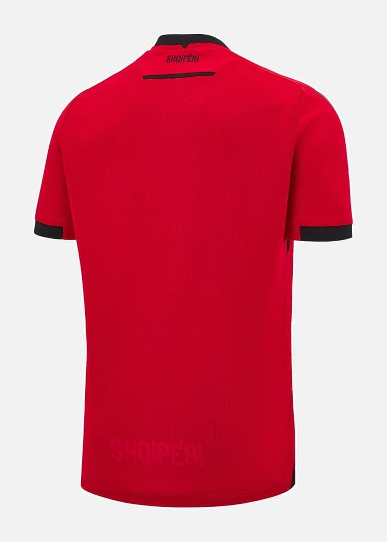 gCufQcSw4x0MEyY | UAE SPORT STORE Back view of a red polo shirt with black collar trim and black sleeve cuffs.