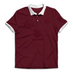 Maroon polo shirt with white collar and sleeve cuffs, featuring subtle embossed logos across the front and sleeve.