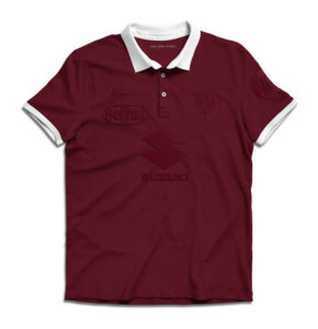Maroon polo shirt with white collar and sleeve cuffs, featuring subtle embossed logos across the front and sleeve.