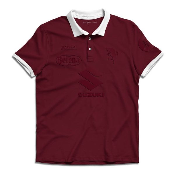 Maroon polo shirt with white collar and sleeve cuffs, featuring subtle embossed logos across the front and sleeve.
