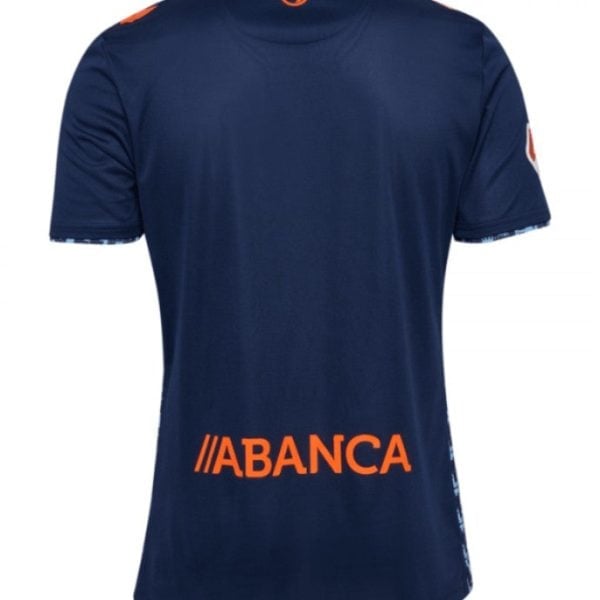 Back view of a navy blue sports jersey with orange ABANCA sponsor logo near the lower back and orange shoulder accents.