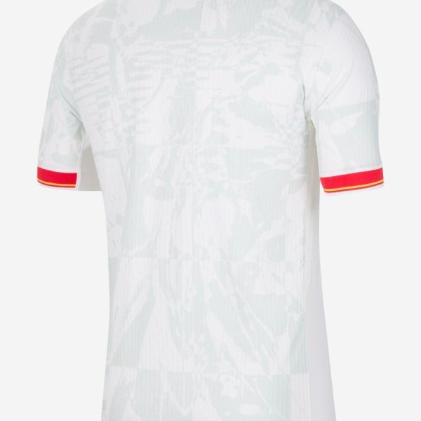 Back view of a white patterned athletic jersey with red collar trim and red sleeve cuffs, tag shows Dri-Fit ADV