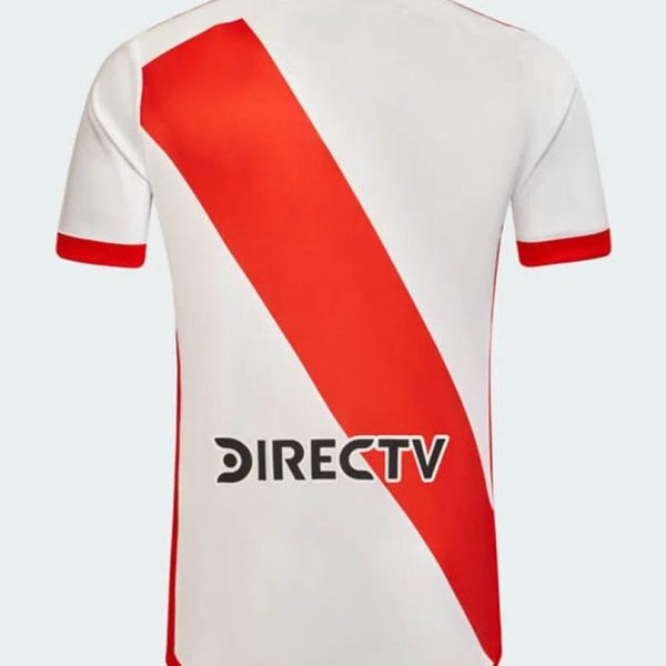 Back view of a white sports jersey featuring a bold red diagonal stripe, red sleeve cuffs, red trim at the hem, and a DIRECTV logo on the lower back.