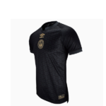 Black soccer jersey with a subtle tonal pattern, gold club crest on the left chest and gold Umbro logo on the right chest.