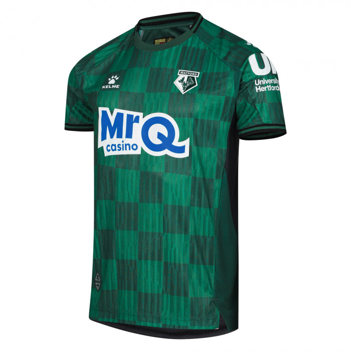 ghj | UAE SPORT STORE Watford FC green checkered jersey with MRQ Casino sponsor on chest, front view.