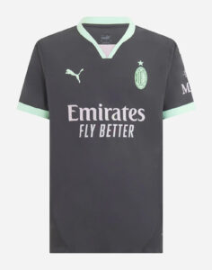 Dark gray AC Milan football jersey with mint-green trim, Puma logo, AC Milan crest, and 'Emirates Fly Better' across the chest.
