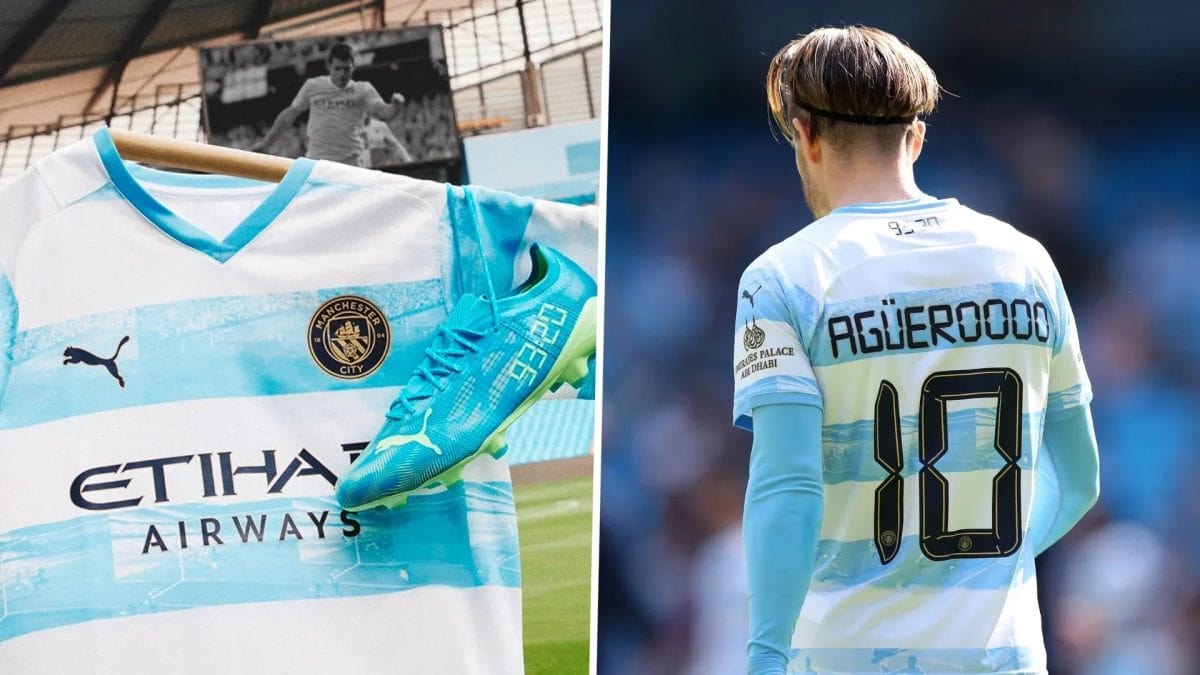 Split image: Manchester City home kit with blue boot on the left and a player wearing the same kit with number 10 on the back on the right.