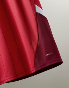 Close-up of red athletic shirt with burgundy side panel and the DryCell fabric label, showing moisture-wicking material.