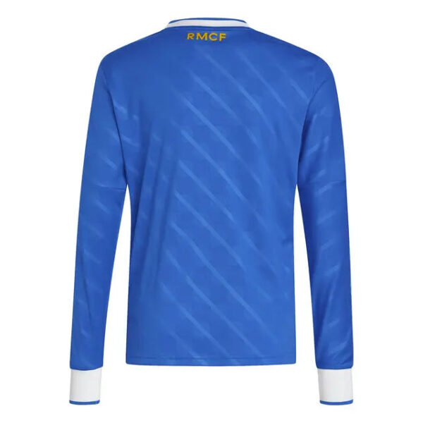 Back view of a blue long-sleeve sports jersey with subtle diagonal stripes and white cuffs.