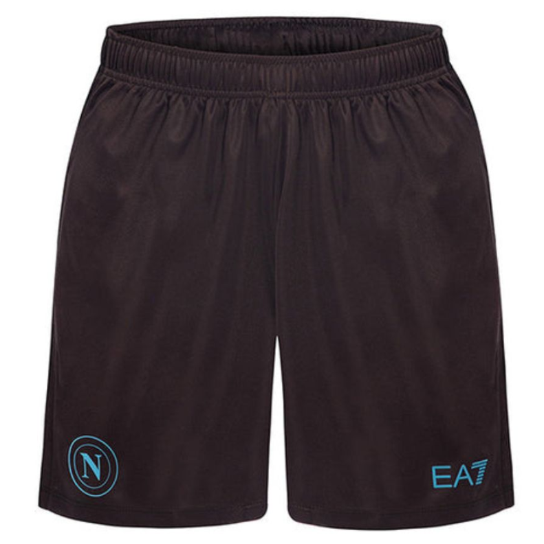 hj | UAE SPORT STORE Black athletic shorts with an elastic waistband; features a blue circular Napoli crest on the left leg and an EA7 logo on the right hem.
