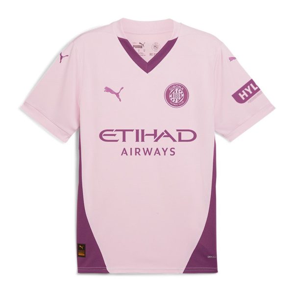 Pink soccer jersey with Etihad Airways logo, Girona FC crest, and purple side panels viewed from the front