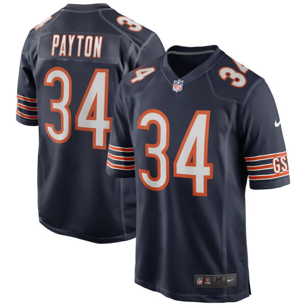 Two Chicago Bears NFL jerseys in navy with orange/white trim showing front (#34 Payton) and back (Payton 34) views, replica football gear.