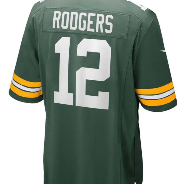 Green football jersey back view with the name Rodgers and large white number 12, yellow-striped sleeves, and collar detail.