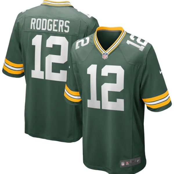 Green Bay Packers NFL jersey, number 12 (Rodgers), shown from front and back views in green with yellow stripes
