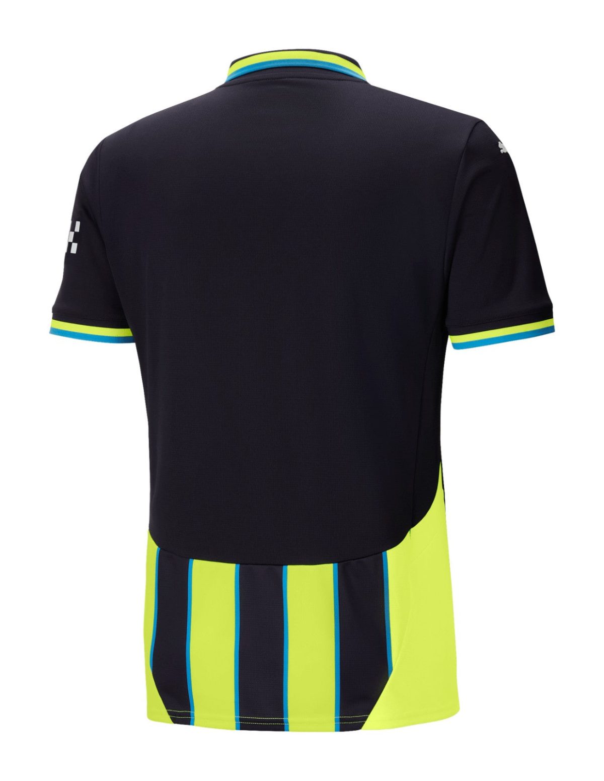 Back view of a navy short-sleeve polo/jersey with bright neon-yellow and blue trim at the collar and sleeve edges, and neon-yellow/blue striped lower section.