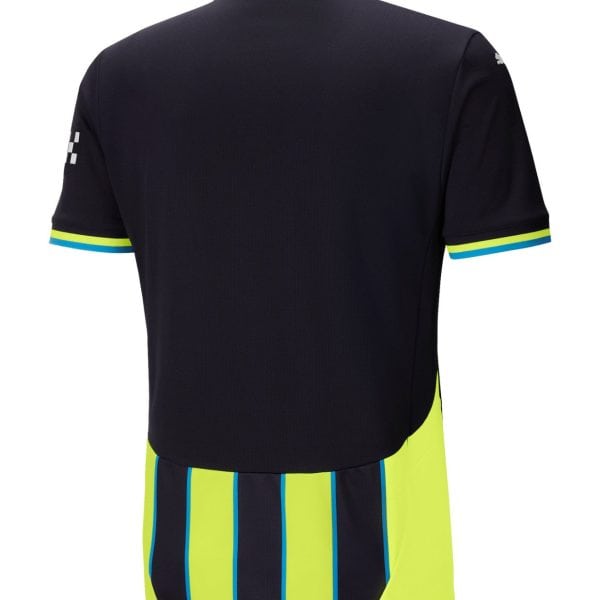Back view of a navy short-sleeve polo/jersey with bright neon-yellow and blue trim at the collar and sleeve edges, and neon-yellow/blue striped lower section.