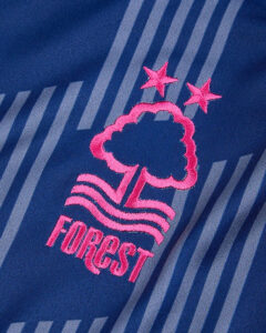 Close-up of pink Nottingham Forest crest embroidered on blue striped fabric.