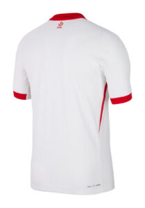 White polo shirt shown from the back with a red collar and red sleeve cuffs; red side stripe visible.