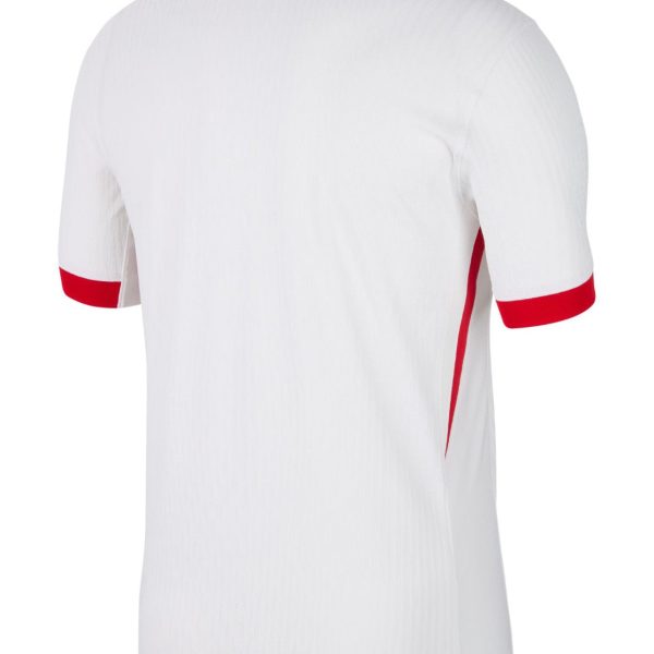 White polo shirt shown from the back with a red collar and red sleeve cuffs; red side stripe visible.