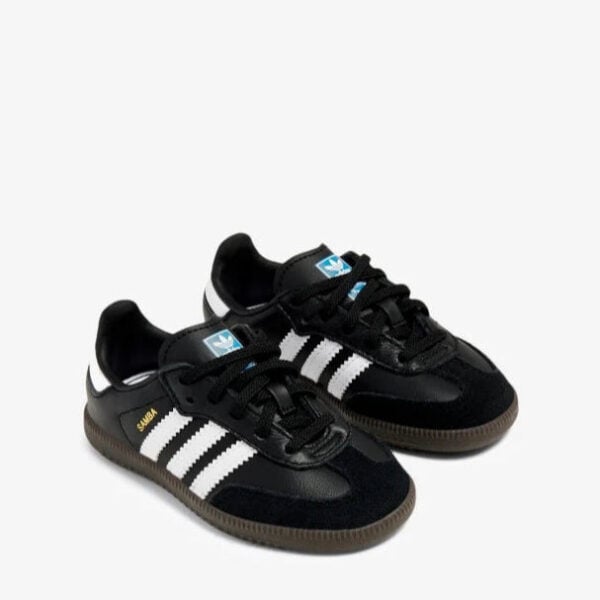 Pair of black Adidas Samba sneakers with white stripes and brown soles, shown side-by-side.