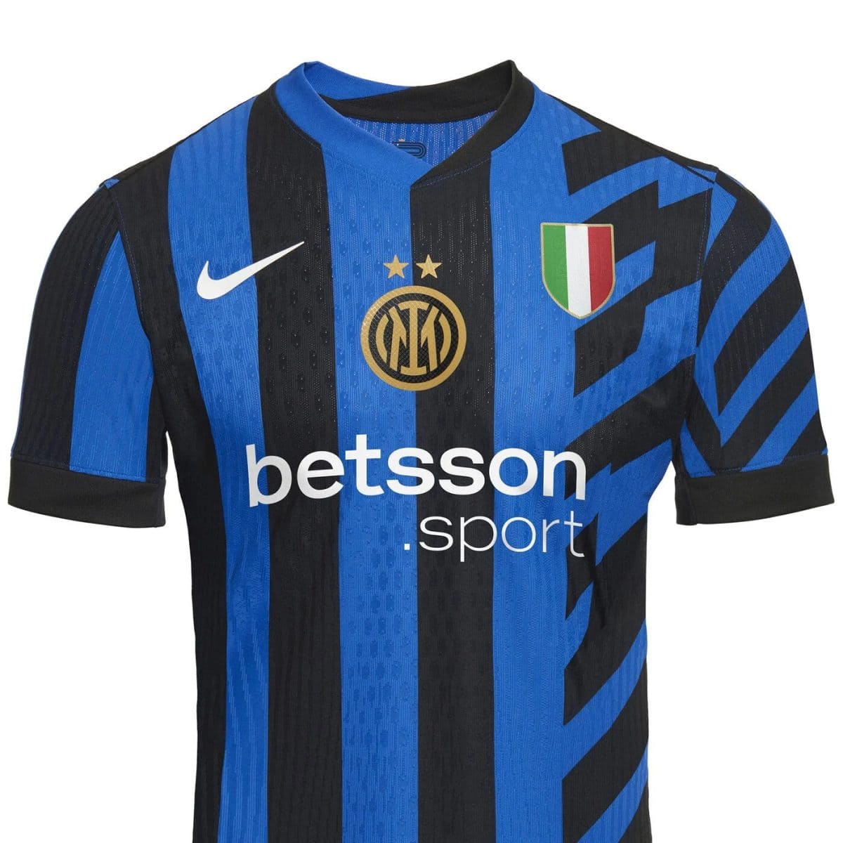 Inter Milan soccer jersey with blue and black vertical stripes, Nike logo, gold club badge, Italy flag crest, and 'betsson' sponsor text
