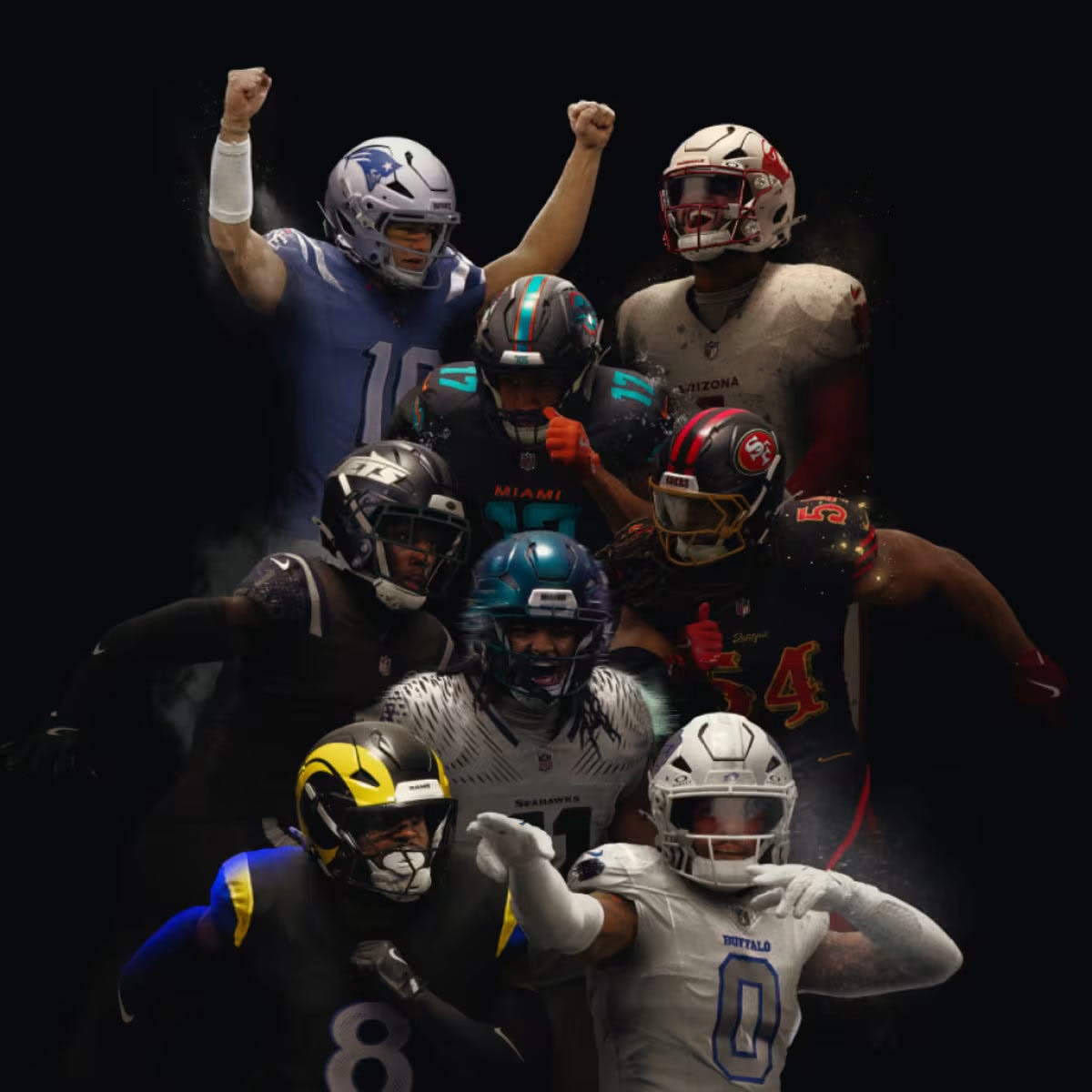 Collage of professional American football players in helmets and uniforms posed in action-ready stances against a dark background, suggesting a team or league montage.
