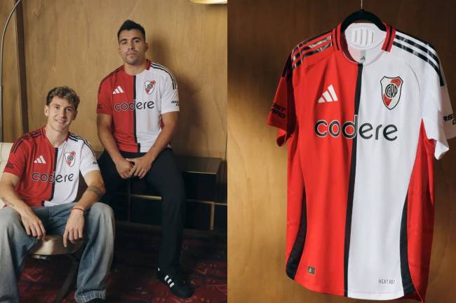 image_650x433_67acf1ff78f14 | UAE SPORT STORE Two men in red-and-white River Plate jerseys sit in a locker room, posing for a photo; a matching jersey hangs on a hanger beside them.