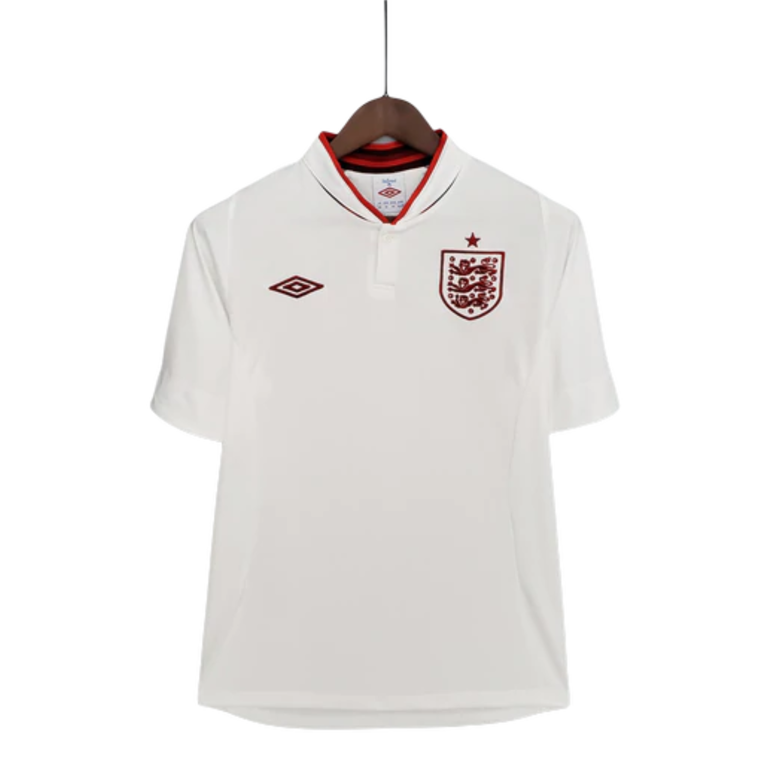 image_758dffeb-b493-42c1-825d-74fb66fbe9fd | UAE SPORT STORE White England national team polo shirt on a hanger, with a maroon English crest on the chest and a red Umbro logo on the left chest.