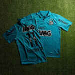 Two teal soccer jerseys on grass; one shows BMG sponsor and Neymar Jr 11 on the back, the other displays a club crest and Netshoes logo.