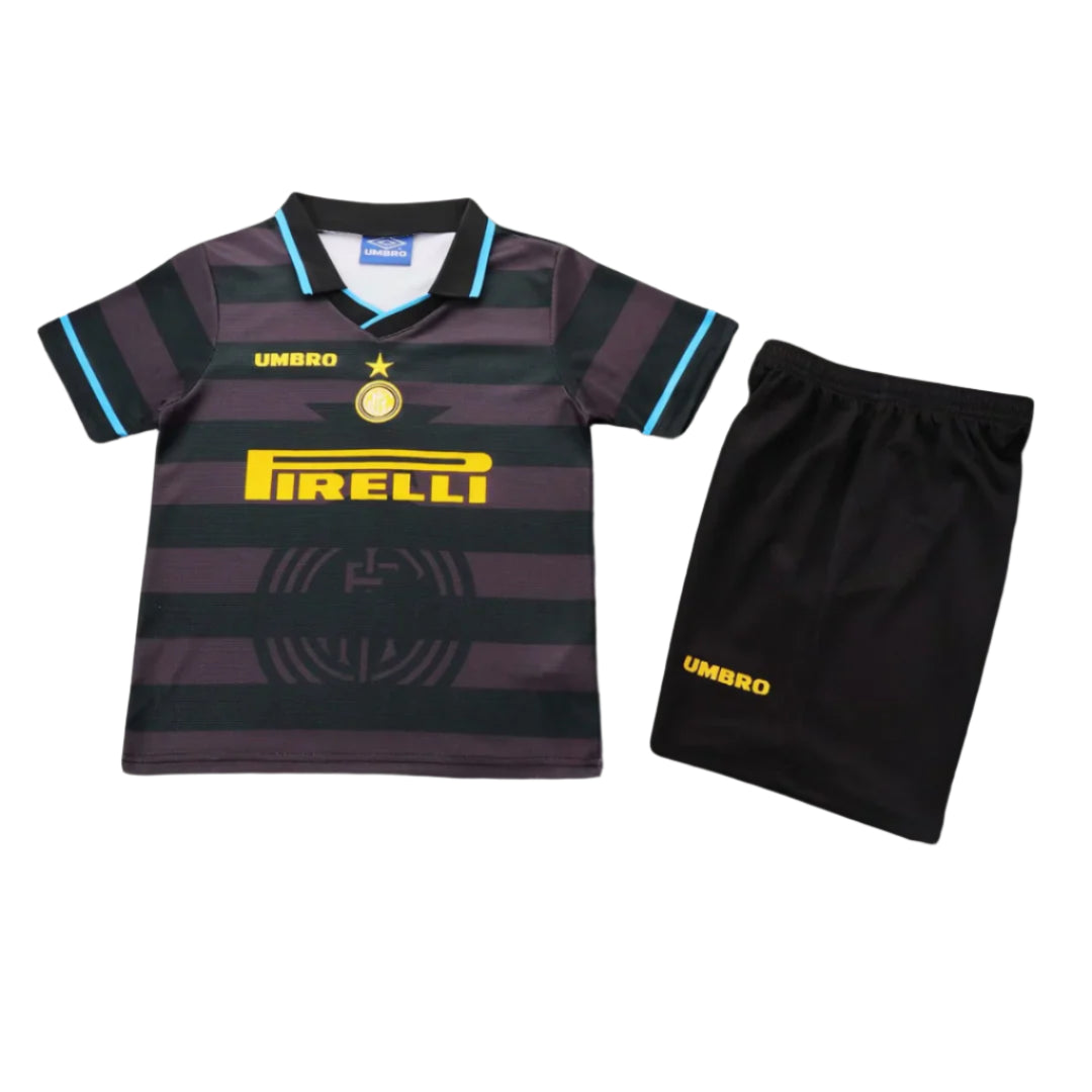 inter97Third | UAE SPORT STORE Inter Milan replica football kit: black and purple striped jersey with yellow Pirelli sponsor and teal trim, plus black shorts with Umbro logo.
