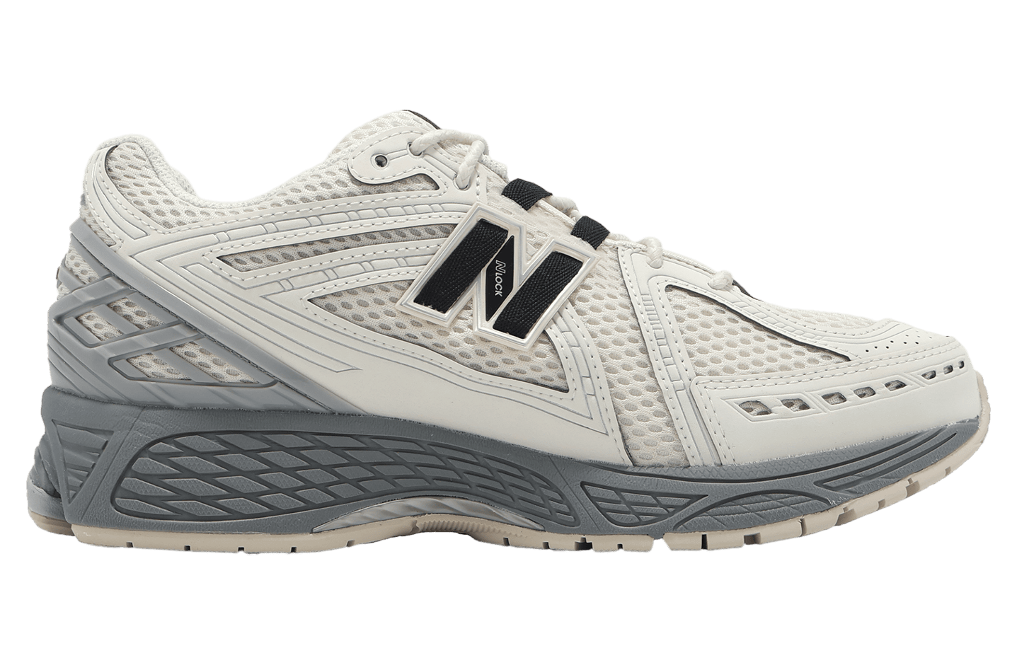 ipad_new-balance-1906r-beige-black-0_1 | UAE SPORT STORE White and gray running shoe with mesh upper and thick, sculpted sole; features black 'N' logo panels on the side.