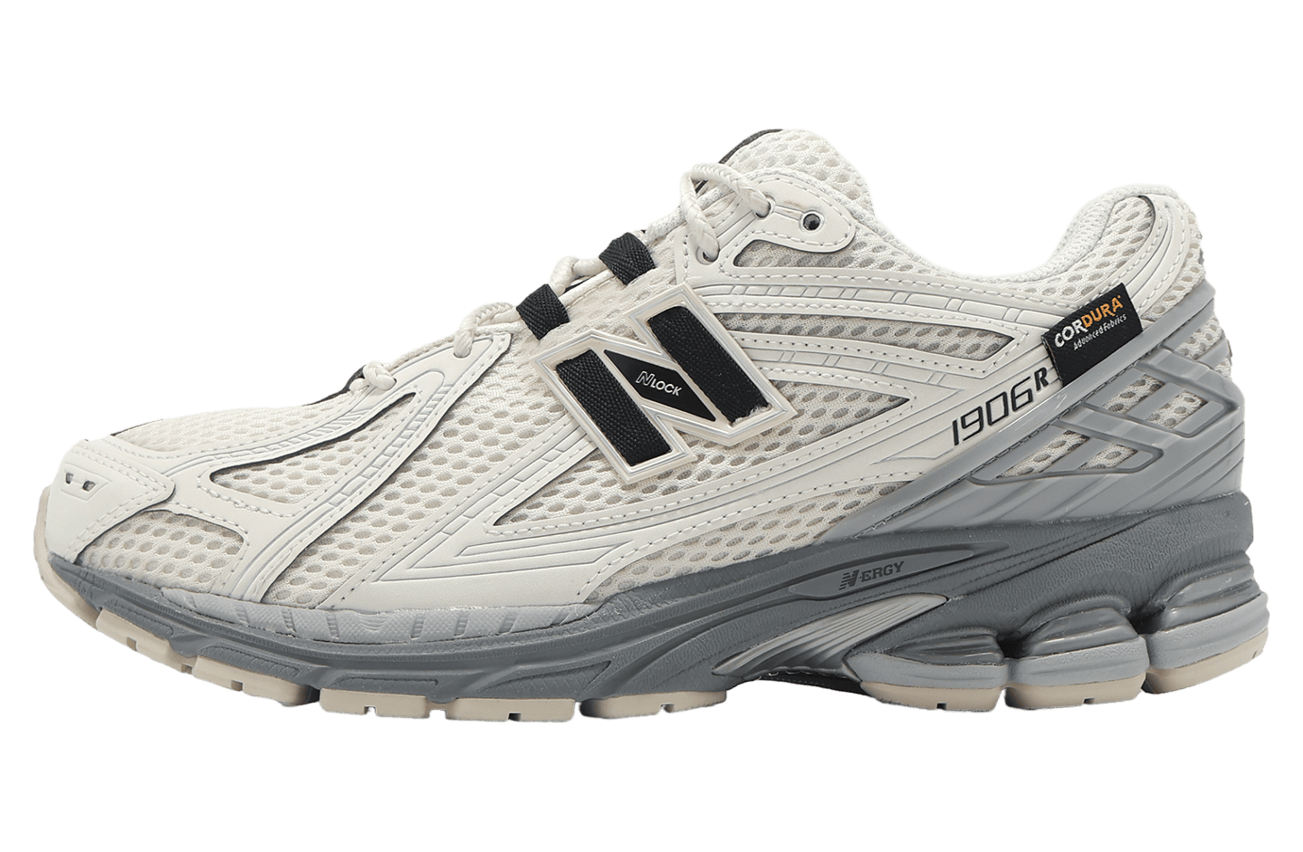 ipad_new-balance-1906r-beige-black | UAE SPORT STORE New Balance 1906R running shoe in white and gray mesh with a chunky, multi-layered midsole.