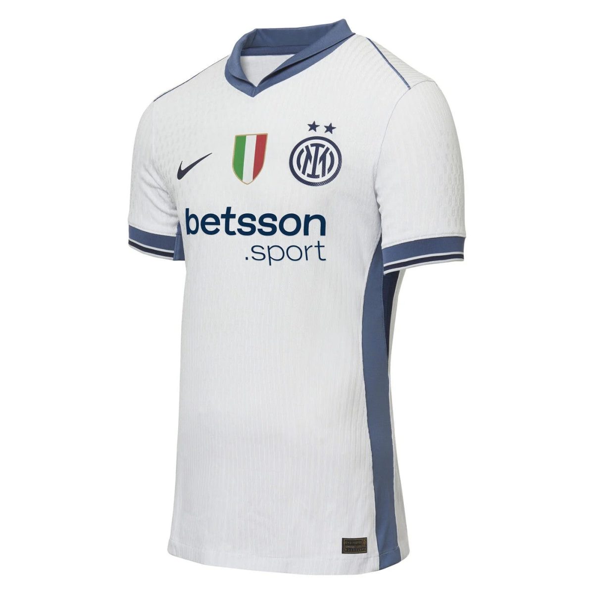 Inter Milan white soccer jersey with blue trim, featuring the Italian flag crest and Betsson.sport sponsor logo