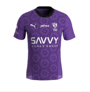 Purple soccer jersey with hexagonal pattern and Savvy Games Group logo on chest