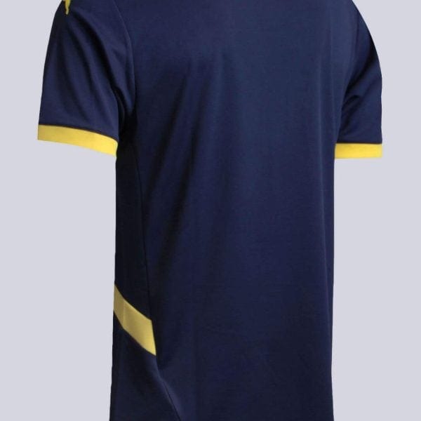 Back view of a navy blue athletic jersey with yellow collar and yellow sleeve cuffs; a yellow diagonal stripe along the side.