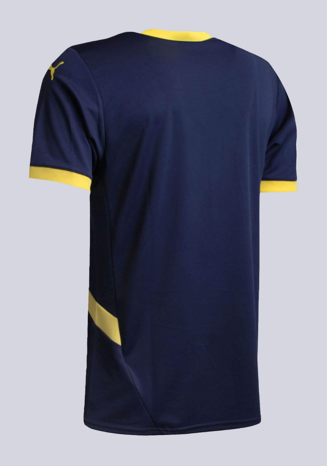 j7m7XlEDNvyCYbc | UAE SPORT STORE Back view of a navy blue athletic jersey with yellow collar and yellow sleeve cuffs; a yellow diagonal stripe along the side.