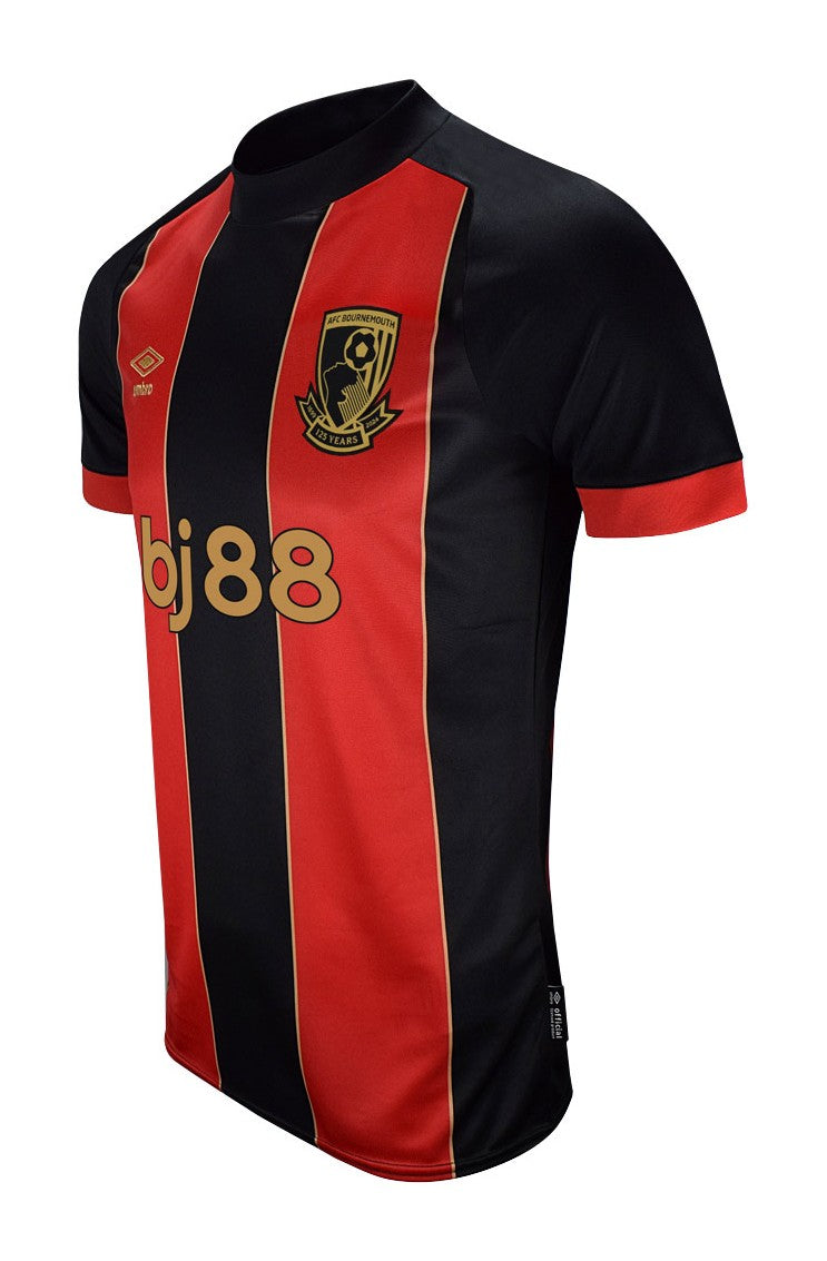 jTU1mCwqM9fCzV4 | UAE SPORT STORE Black and red vertical-striped soccer jersey with club crest on the chest and gold sponsor text 'bj88'.