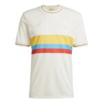 White short-sleeve T-shirt with horizontal yellow, blue, orange, and red stripes across the chest and clockwise multicolor ribbed collar detail; logos on chest.