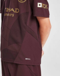 Back view of a maroon Manchester City football jersey with Etihad Airways sponsor and DryCell label on the lower back edge.