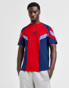 Red and navy color-block T-shirt with light blue stripe panels on the shoulders, worn by a male model against a plain background.