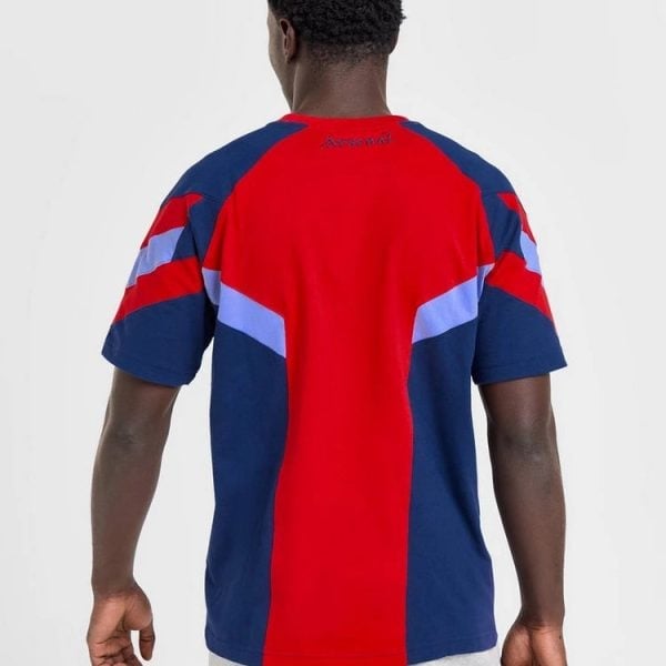 Man wearing a red and navy color-block sports jersey, viewed from the back, with blue panels and light blue stripes on the sleeves.