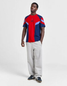 Male model wearing a red and navy color-block T-shirt with light gray sweatpants and Adidas sneakers, standing against a plain light background.