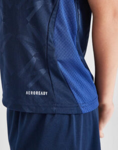 Close-up of a navy athletic shirt with blue side panels and the word AEROREADY near the hem.