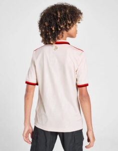Back view of a light beige polo shirt with red trim on sleeves and collar; small gold logo near the neck.