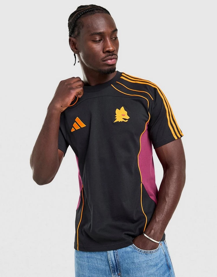 jd_757397_a Male model wearing a black athletic jersey with orange shoulder stripes, pink side panels, and a yellow wolf emblem on chest.