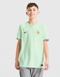 Boy wearing a light mint green soccer jersey with a rooster crest on the chest and a Nike swoosh.