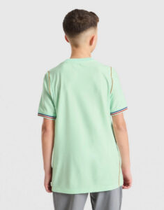 Back view of a child wearing a mint green T-shirt with red, white, and blue striped cuffs and orange seam details.
